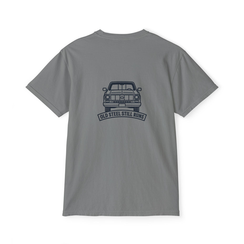 Vintage Pickup Truck Pocket T‑Shirt — "Old Steel Still Runs"